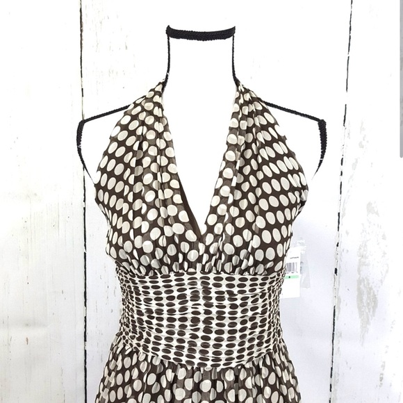 NWT NEW Silk Sz 6 Maggie London halter polka dot white brown midi dress Medium - Picture 2 of 14